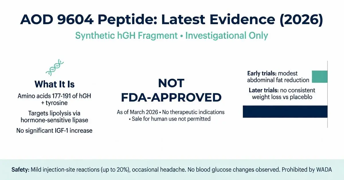 AOD 9604 peptide latest evidence 2026 infographic showing synthetic hGH fragment, mechanism of action, not FDA approved status, clinical trials for fat loss and safety information