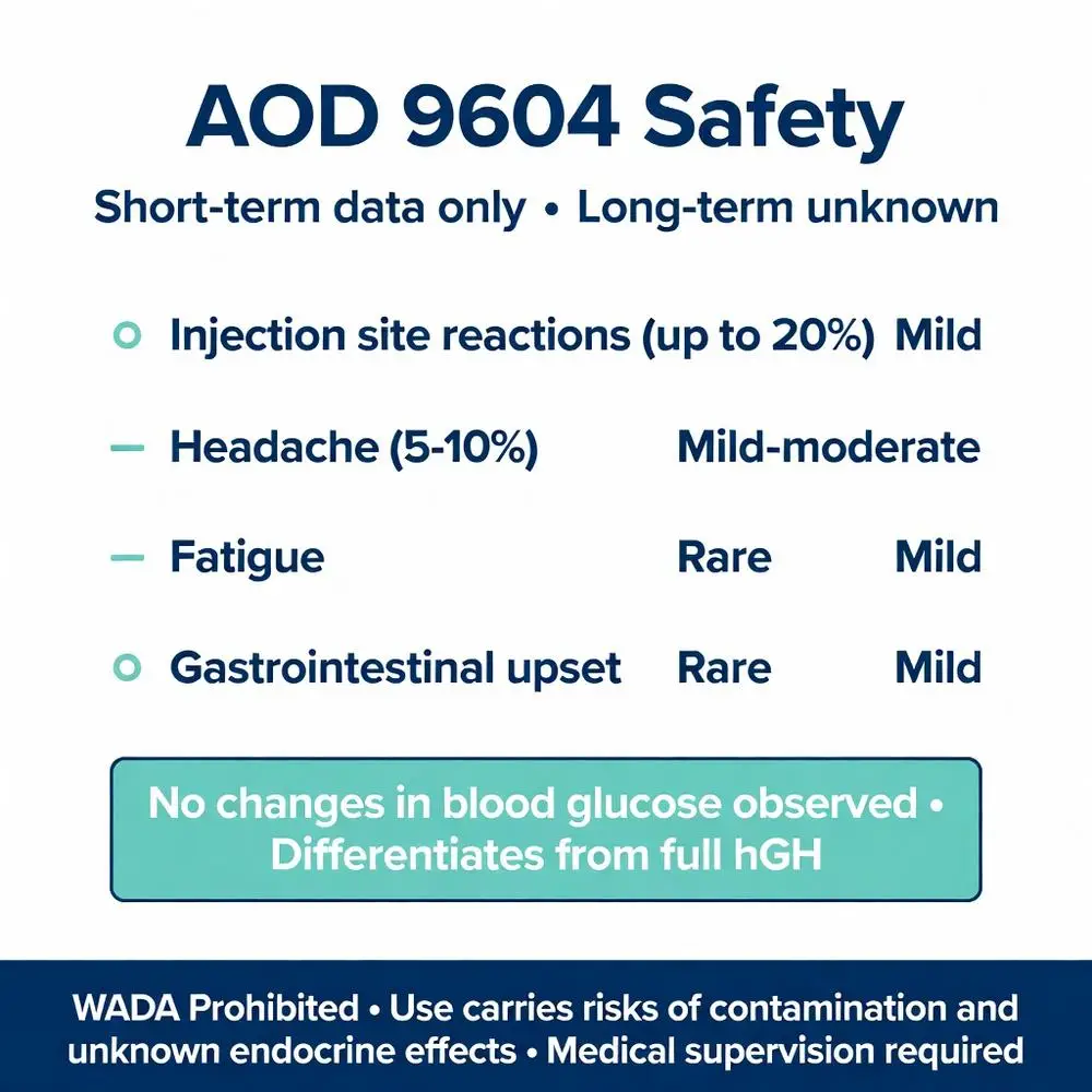 AOD 9604 peptide safety profile infographic showing short-term side effects, no blood glucose changes, and WADA prohibited status