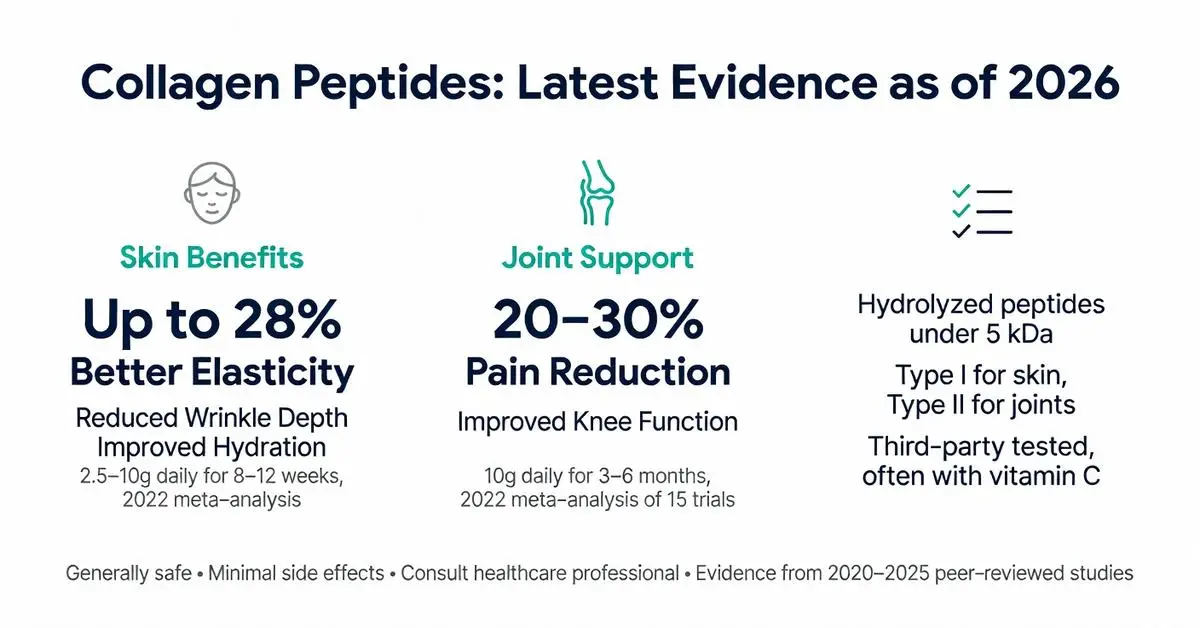 Best collagen peptides infographic 2026 evidence showing up to 28% better skin elasticity, reduced wrinkles, 20-30% joint pain reduction and knee function benefits