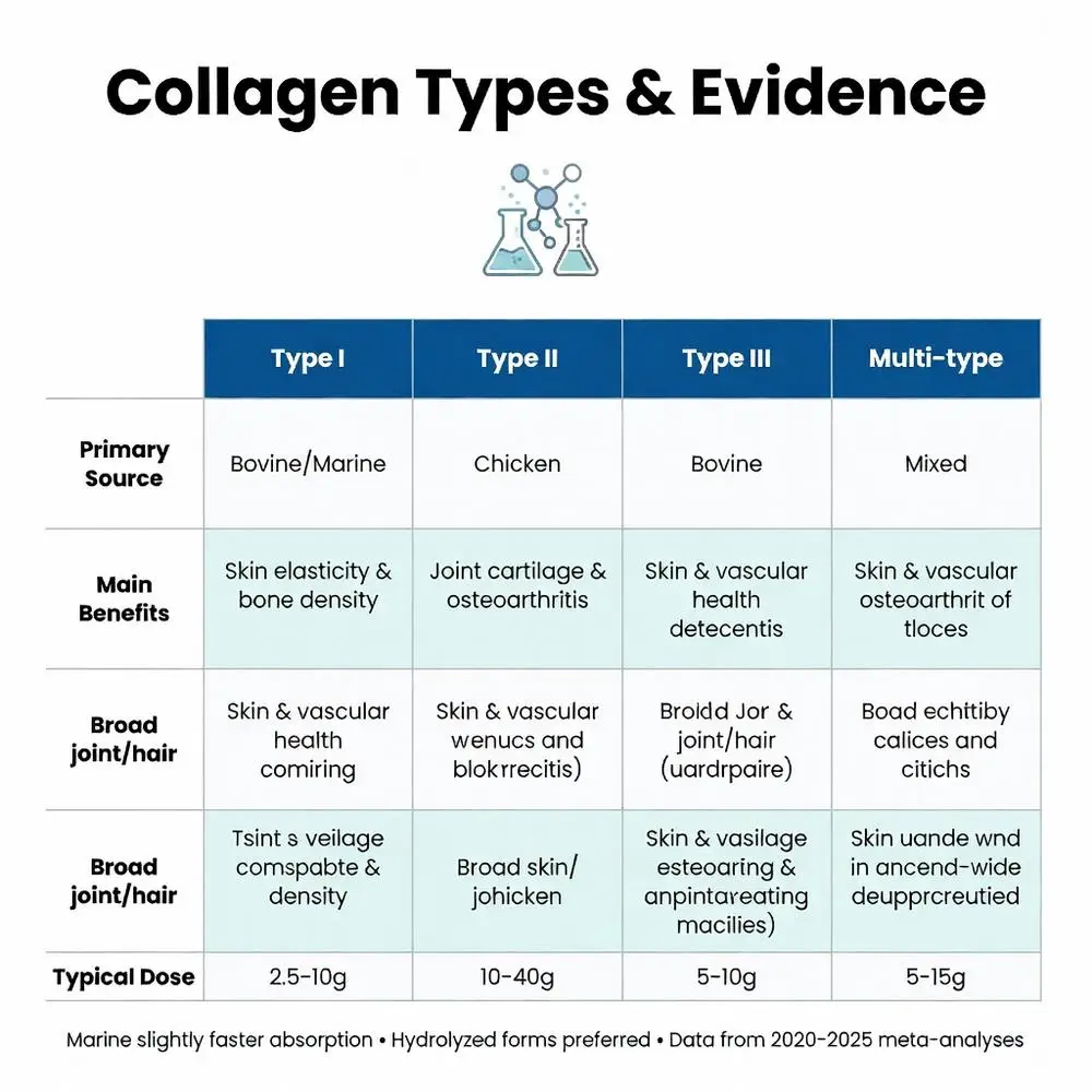 Best collagen peptides comparison chart showing Type I, II, III and multi-type sources, benefits for skin joints hair, bone density and typical doses