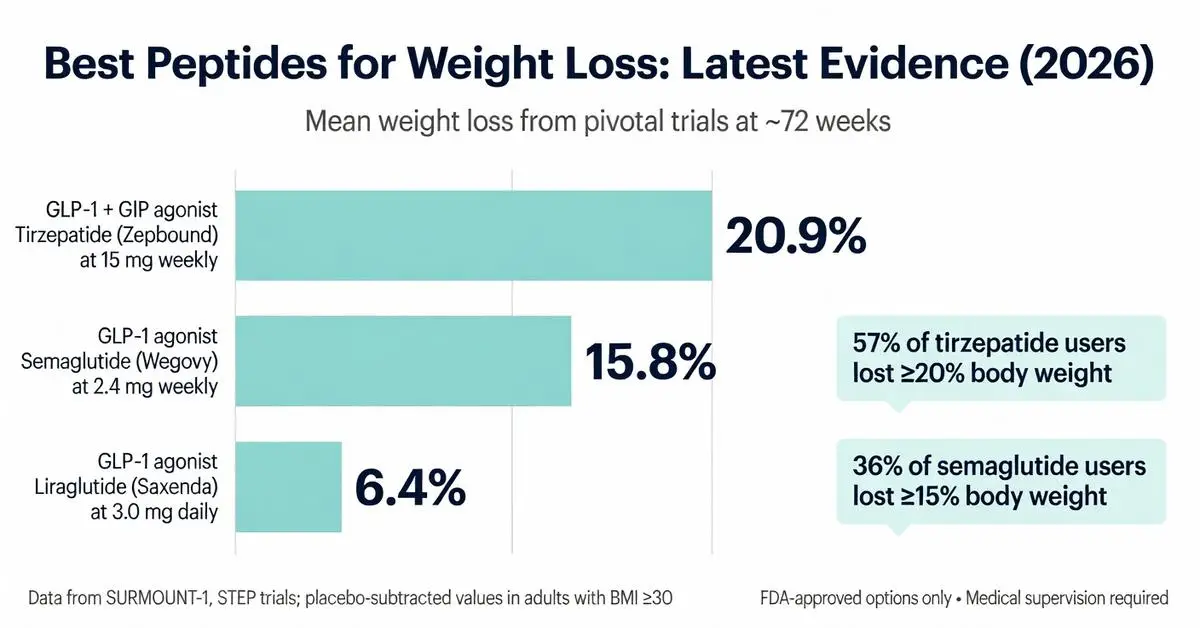 Best peptides for weight loss chart comparing mean weight loss from 2026 trials: Tirzepatide (Zepbound) 20.9%, Semaglutide (Wegovy) 15.8%, Liraglutide (Saxenda) 6.4%