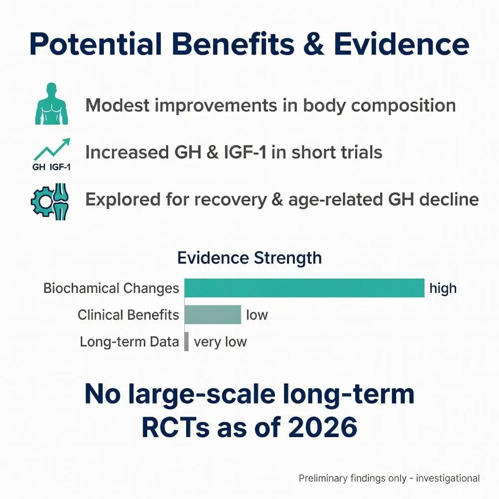 CJC peptide potential benefits and evidence chart showing modest body composition improvements, increased GH and IGF-1, recovery uses, and evidence strength ratings