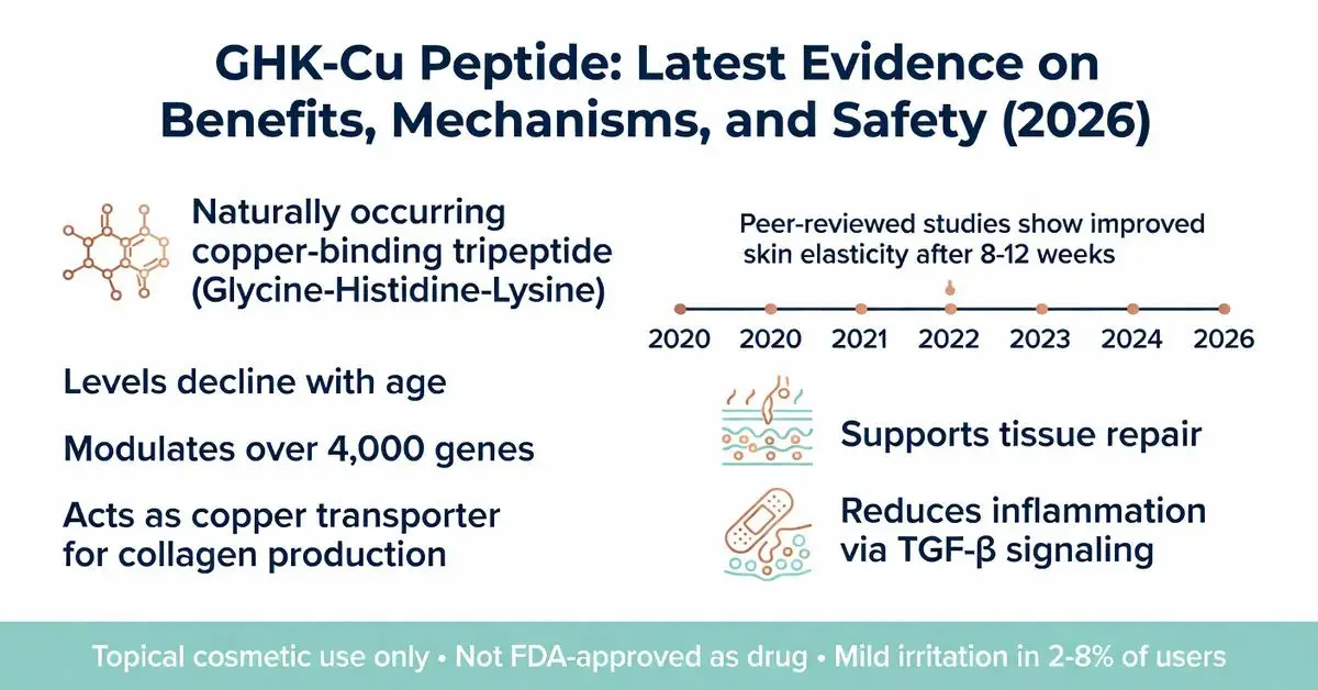 GHK-Cu peptide infographic detailing benefits mechanisms safety skin elasticity collagen production gene modulation and tissue repair 2026