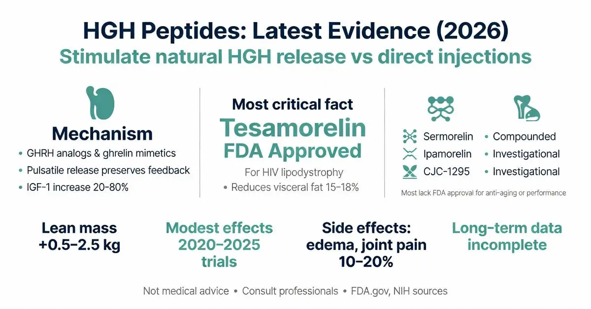 HGH peptides latest evidence 2026 infographic comparing natural HGH release vs injections, tesamorelin FDA approval, sermorelin, ipamorelin, lean mass gains, and side effects