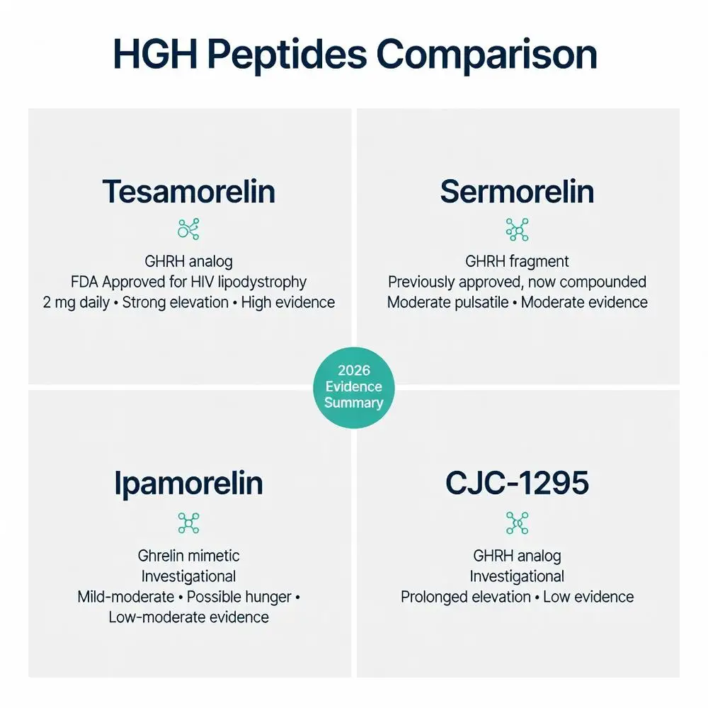 HGH peptides comparison chart showing Tesamorelin, Sermorelin, Ipamorelin, and CJC-1295 with FDA status, effects, and 2026 evidence summary