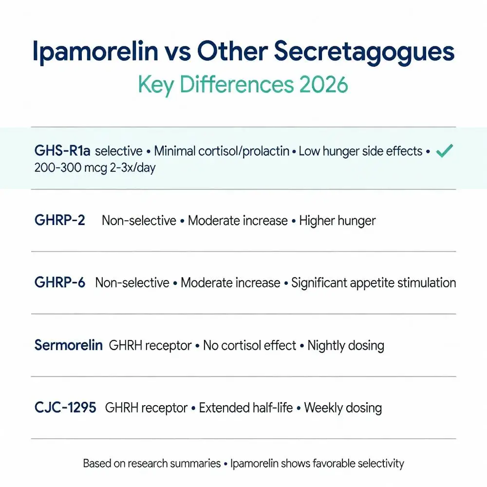 Ipamorelin peptide vs other secretagogues comparison chart 2026 showing GHS-R1a selectivity, minimal cortisol prolactin and low hunger side effects