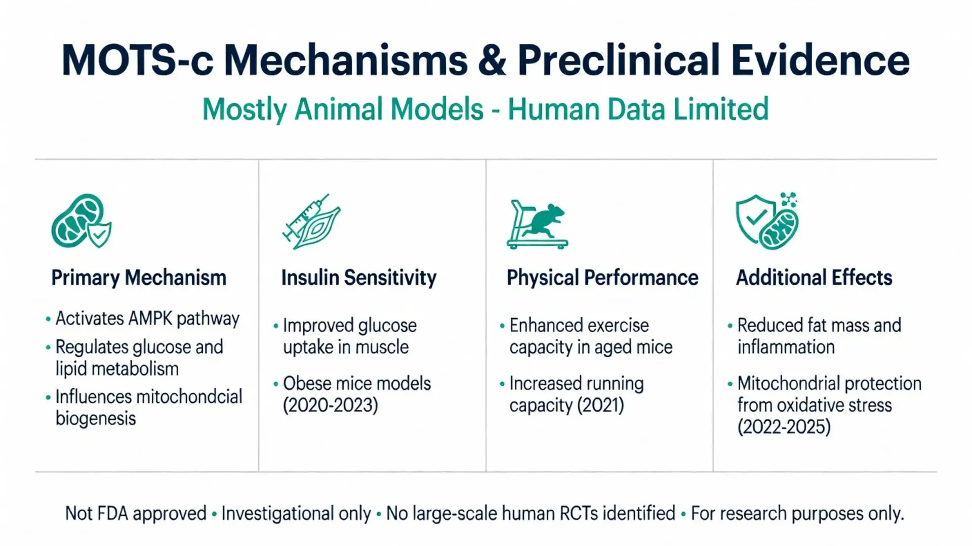 MOTS-c peptide mechanisms and preclinical evidence infographic showing AMPK pathway activation, insulin sensitivity, physical performance and additional effects in animal models