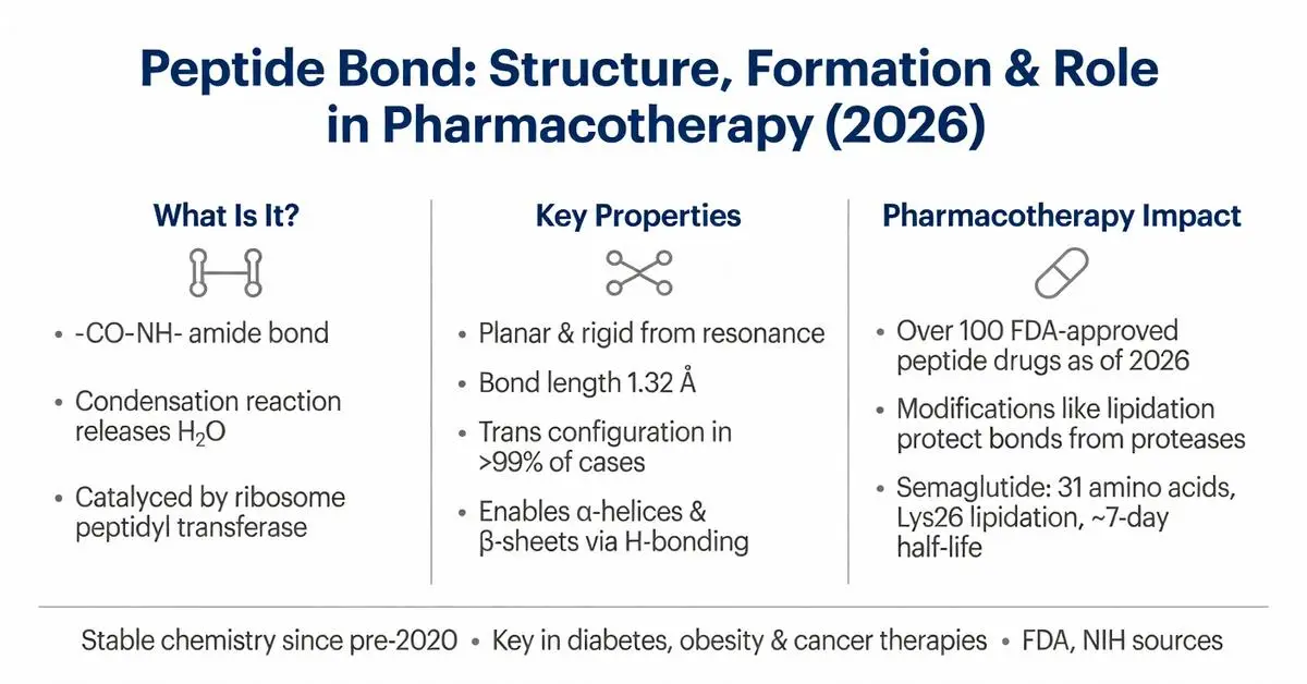 Peptide bond structure, formation via condensation reaction, key properties including planar rigidity and 1.32 Å bond length, and role in pharmacotherapy with over 100 FDA-approved drugs like Semaglutide as of 2026