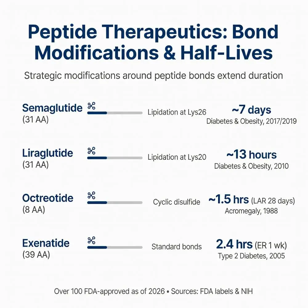 Peptide bond modifications in therapeutics: chart comparing Semaglutide, Liraglutide, Octreotide and Exenatide half-lives through lipidation, cyclic disulfide and standard peptide bond structures