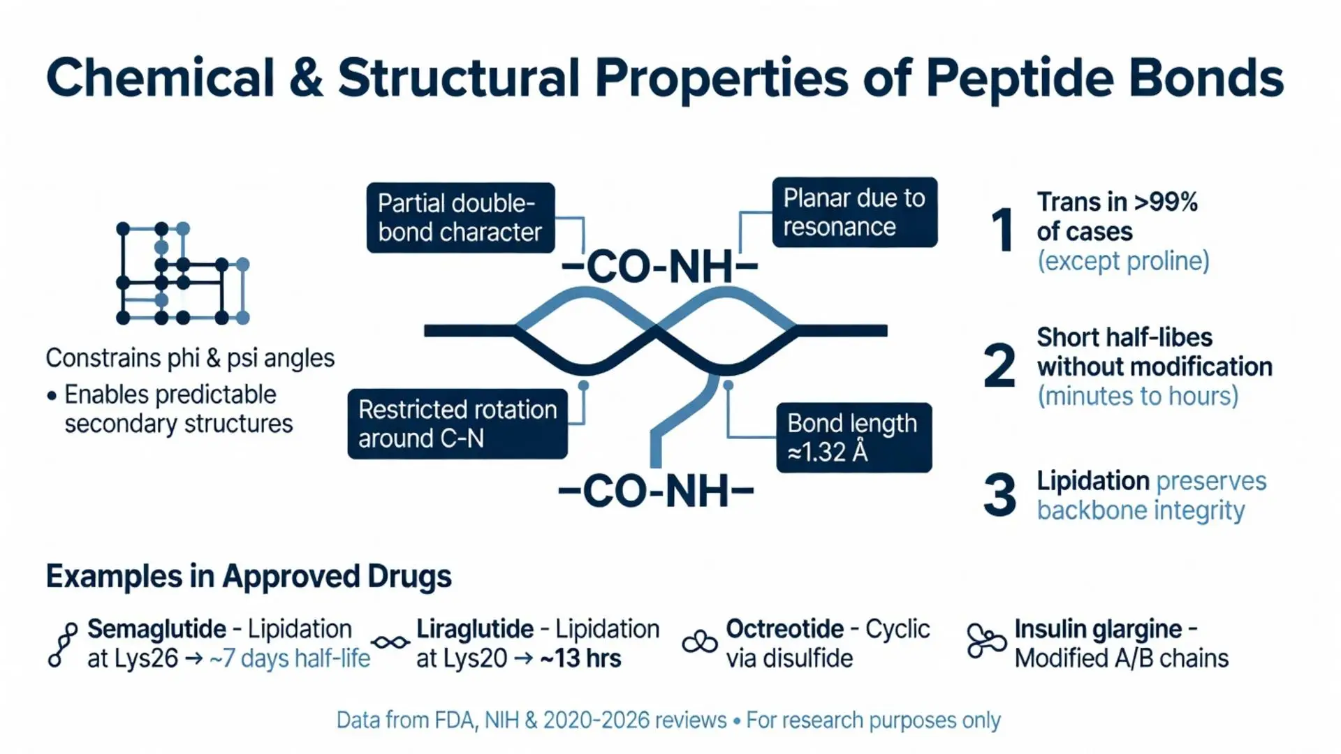 Peptide bond chemical and structural properties diagram showing partial double-bond character, planarity due to resonance, restricted rotation, and examples in approved drugs like semaglutide and liraglutide