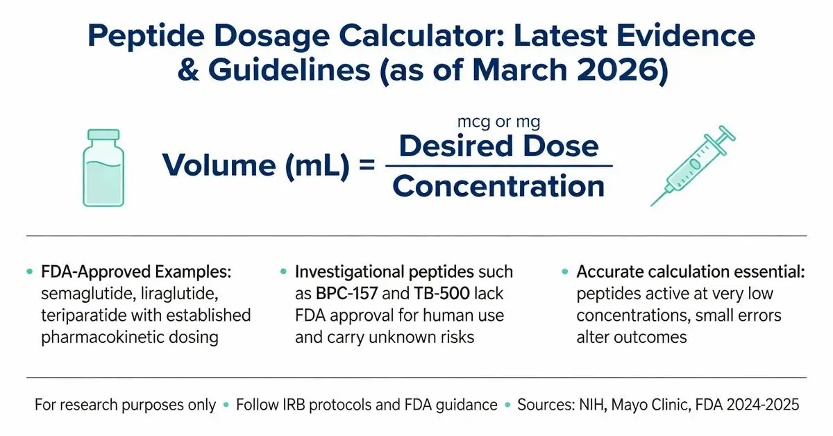 Peptide dosage calculator showing Volume (mL) = Desired Dose / Concentration formula with latest 2026 guidelines for BPC-157, semaglutide, tirzepatide and TB-500