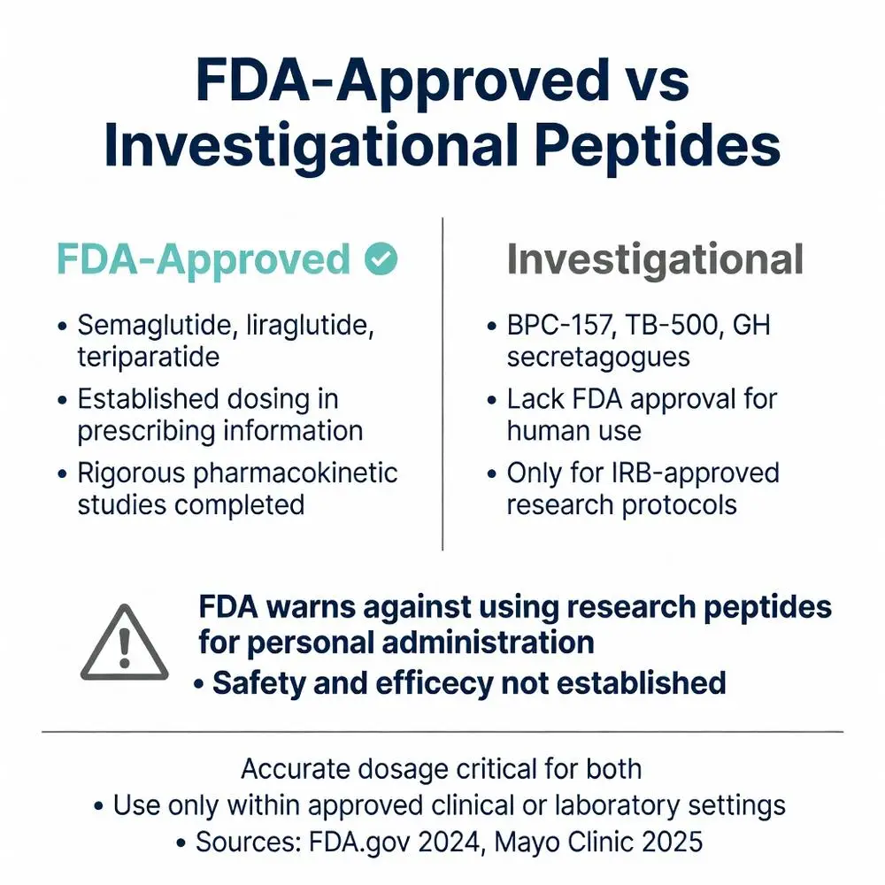 FDA-Approved vs Investigational Peptides comparison chart showing semaglutide liraglutide tirzepatide versus BPC-157 TB-500 with FDA safety warnings and dosage guidelines for peptide dosage calculator