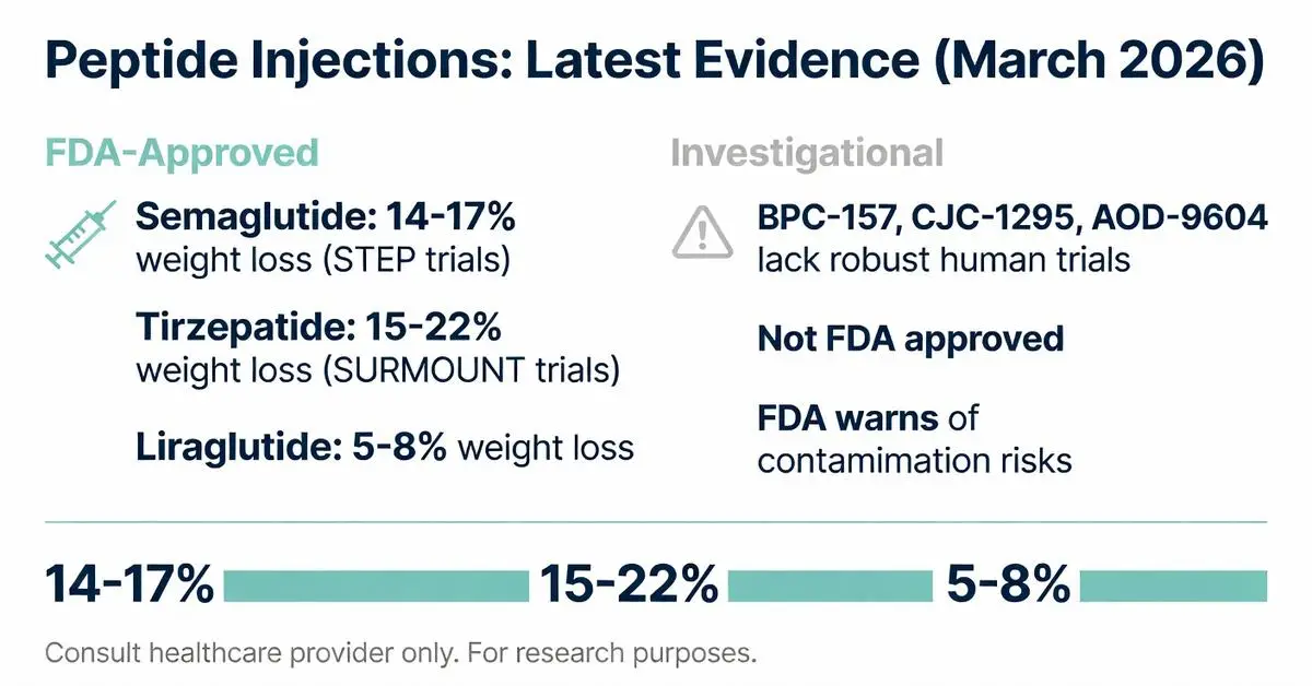 Peptide injections latest evidence March 2026 chart comparing FDA-approved semaglutide, tirzepatide and liraglutide weight loss results versus investigational BPC-157 CJC-1295 AOD-9604