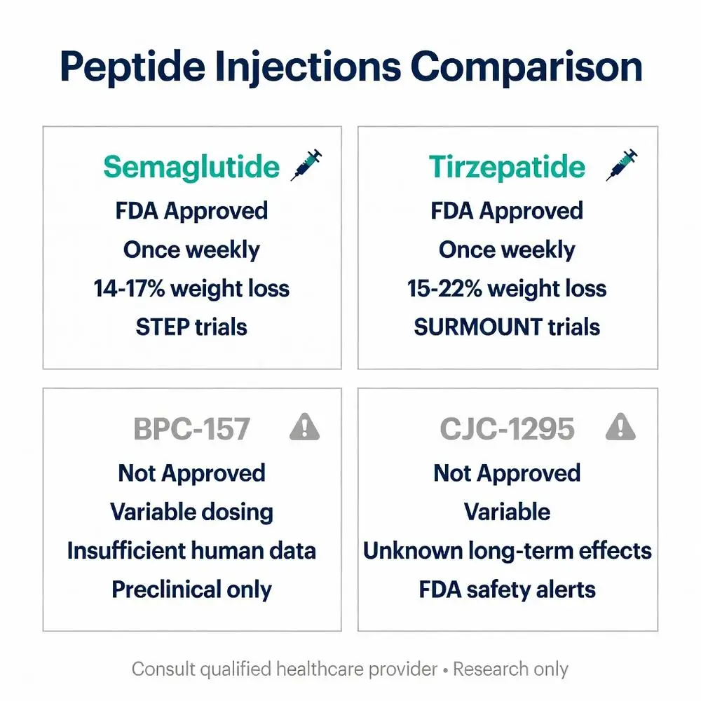 Peptide injections comparison chart: FDA-approved Semaglutide and Tirzepatide vs research peptides BPC-157 and CJC-1295 for weight loss