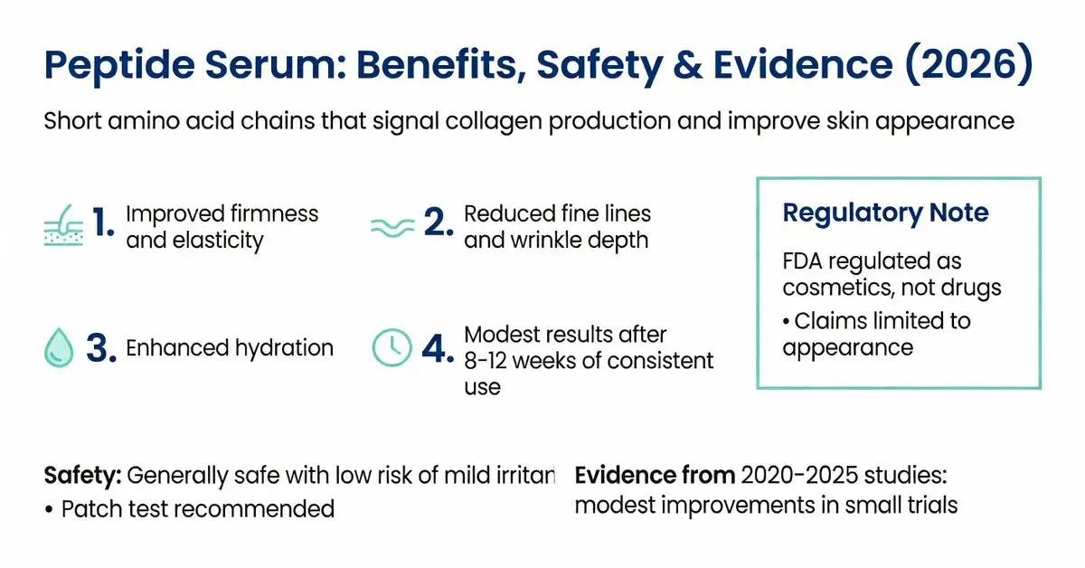 Peptide serum benefits infographic showing improved firmness and elasticity, reduced fine lines and wrinkles, enhanced hydration, safety guidelines, and evidence from 2020-2025 studies