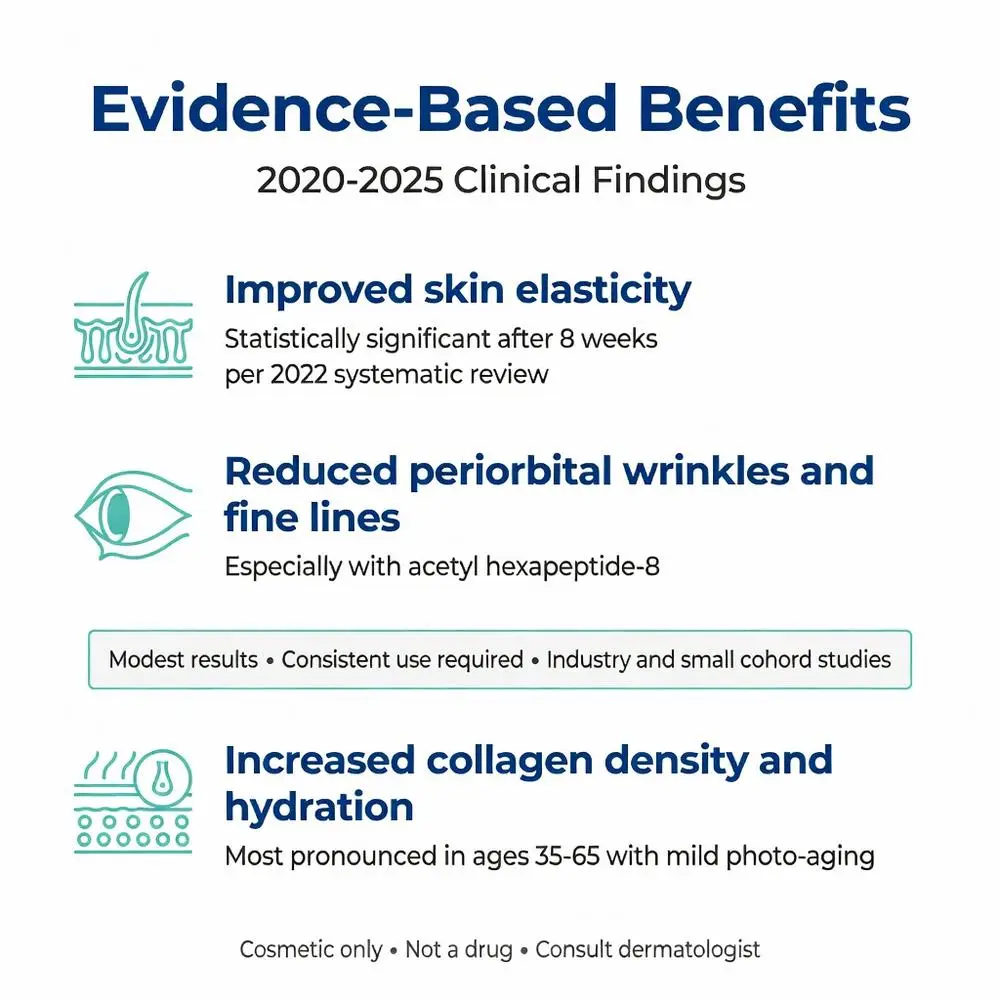Peptide serum benefits infographic 2020-2025: improved skin elasticity, reduced periorbital wrinkles with acetyl hexapeptide-8, increased collagen density and hydration