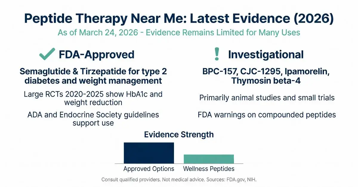 Peptide therapy near me: Latest evidence 2026 infographic comparing FDA-approved semaglutide and tirzepatide versus investigational peptides like BPC-157, CJC-1295, Ipamorelin and Thymosin beta-4