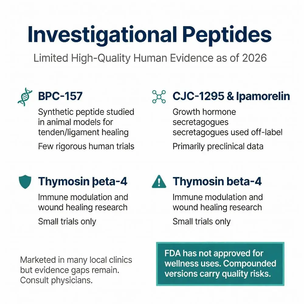 Investigational peptides infographic for peptide therapy near me including BPC-157, CJC-1295, Ipamorelin, Thymosin Beta-4 with evidence warnings and FDA notes