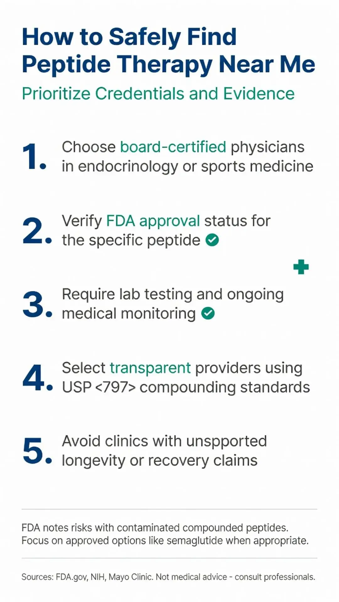 How to safely find peptide therapy near me infographic showing 5 steps: choose board-certified physicians, verify FDA approval, require lab testing, select USP providers, and avoid unsupported claims