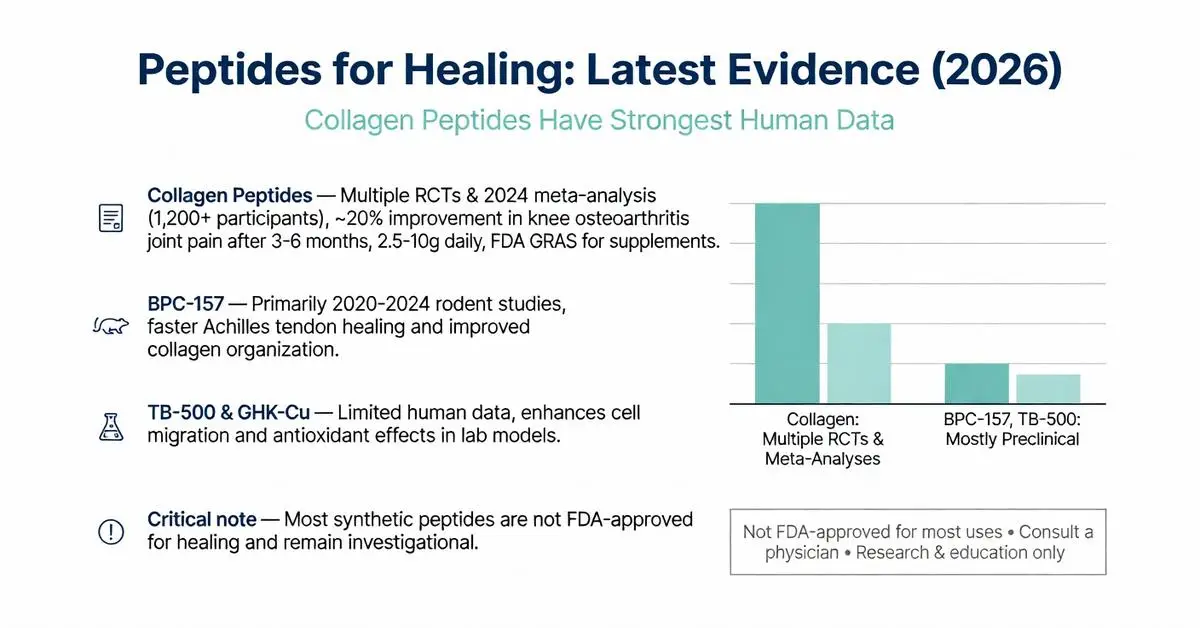Peptides for healing 2026 evidence chart comparing collagen peptides with strongest human data from RCTs and meta-analysis versus BPC-157, TB-500 and GHK-Cu