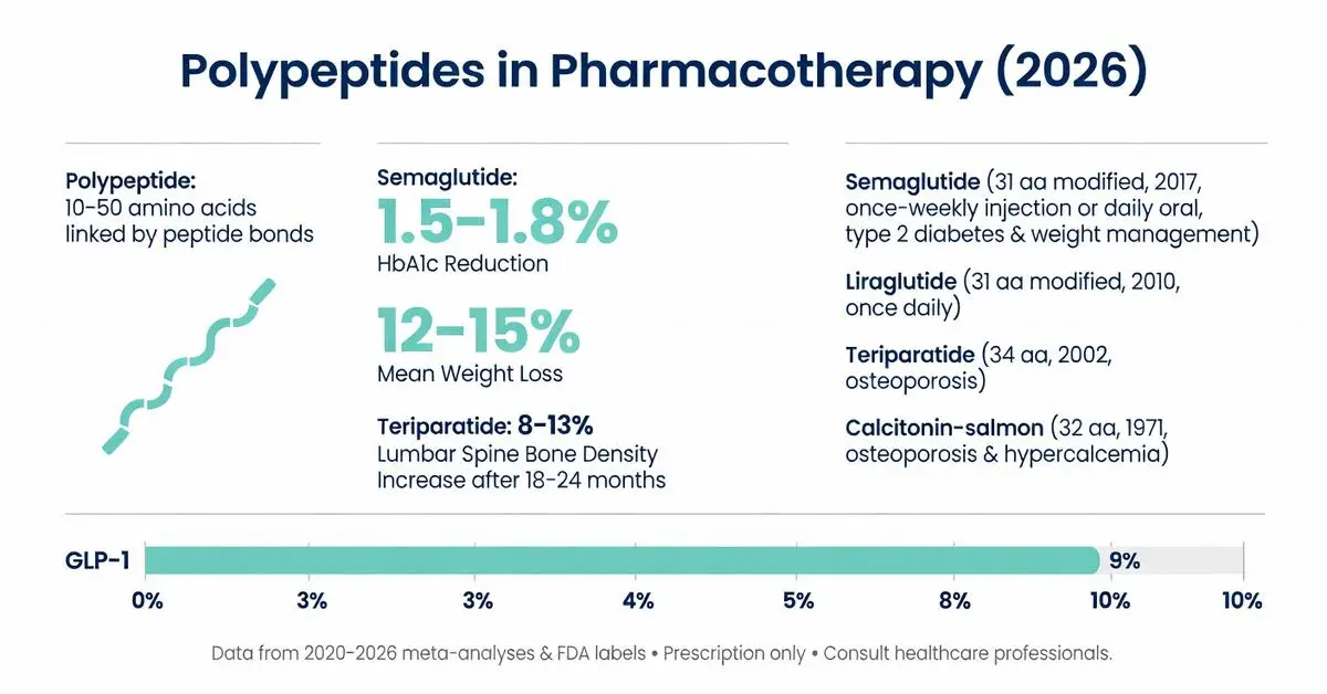 Polypeptide pharmacotherapy infographic 2026 showing semaglutide 1.5-1.8% HbA1c reduction, 12-15% weight loss, teriparatide bone density increase and GLP-1 data
