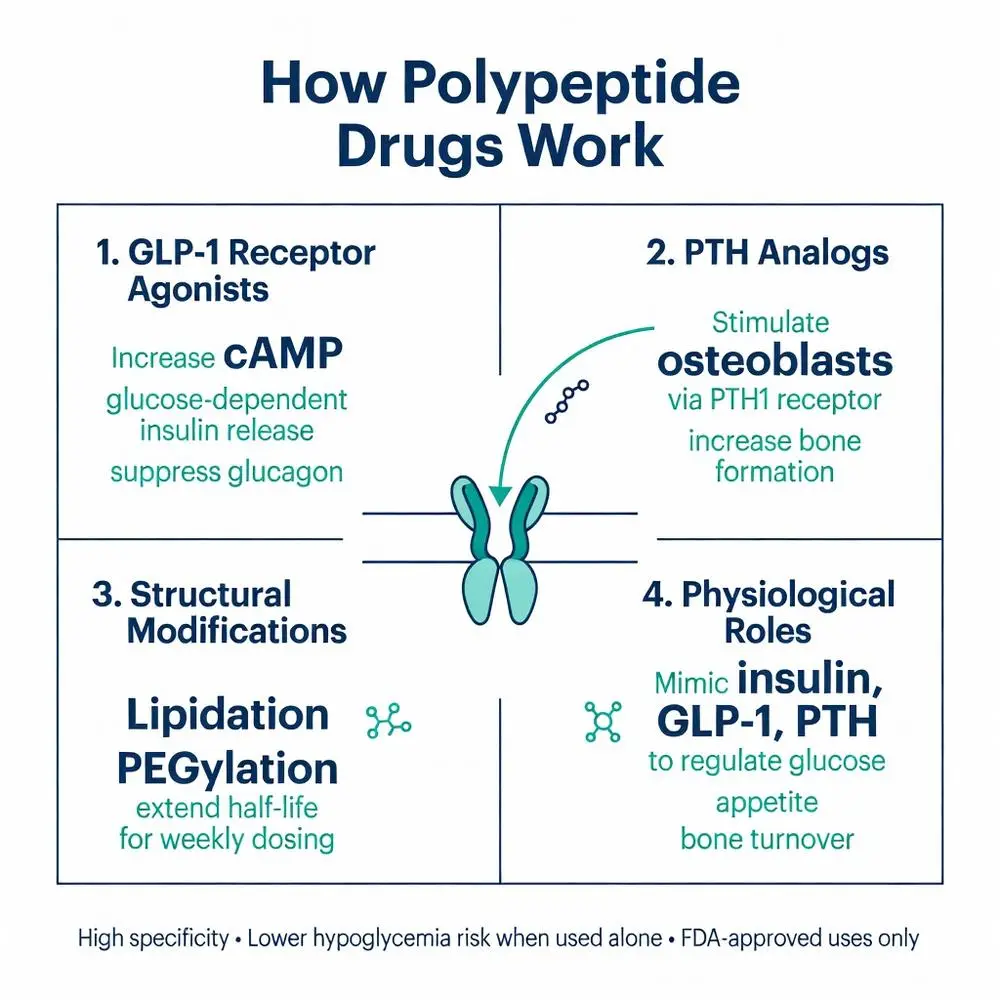 How polypeptide drugs work infographic detailing GLP-1 receptor agonists, PTH analogs, lipidation PEGylation modifications, and physiological roles in glucose and bone regulation