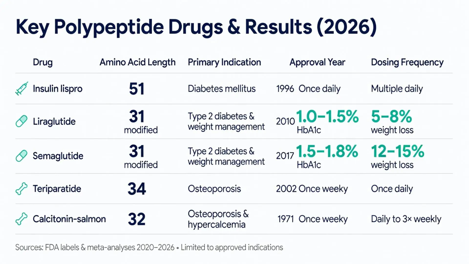 Key polypeptide drugs and results 2026 table showing amino acid length, indications, approval years and efficacy for insulin lispro, liraglutide, semaglutide and other polypeptide therapeutics