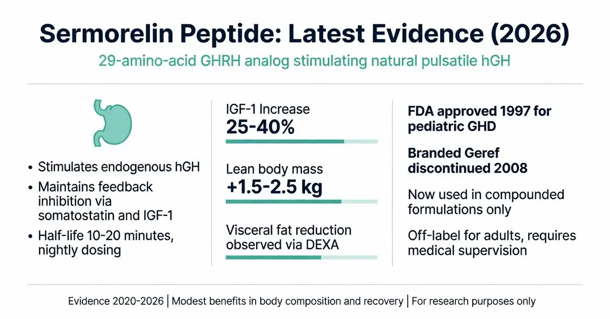 Sermorelin peptide infographic showing latest 2026 evidence: 25-40% IGF-1 increase, +1.5-2.5kg lean body mass, visceral fat reduction, and natural hGH stimulation as 29-amino-acid GHRH analog