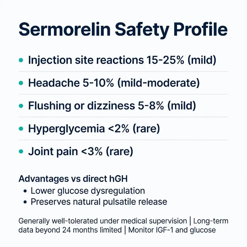 Sermorelin peptide safety profile infographic detailing mild side effects, rare reactions, and advantages versus direct hGH