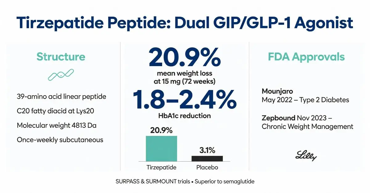 Tirzepatide peptide dual GIP/GLP-1 agonist infographic showing 20.9% mean weight loss, 39-amino acid structure, HbA1c reduction, and FDA approvals for Mounjaro and Zepbound