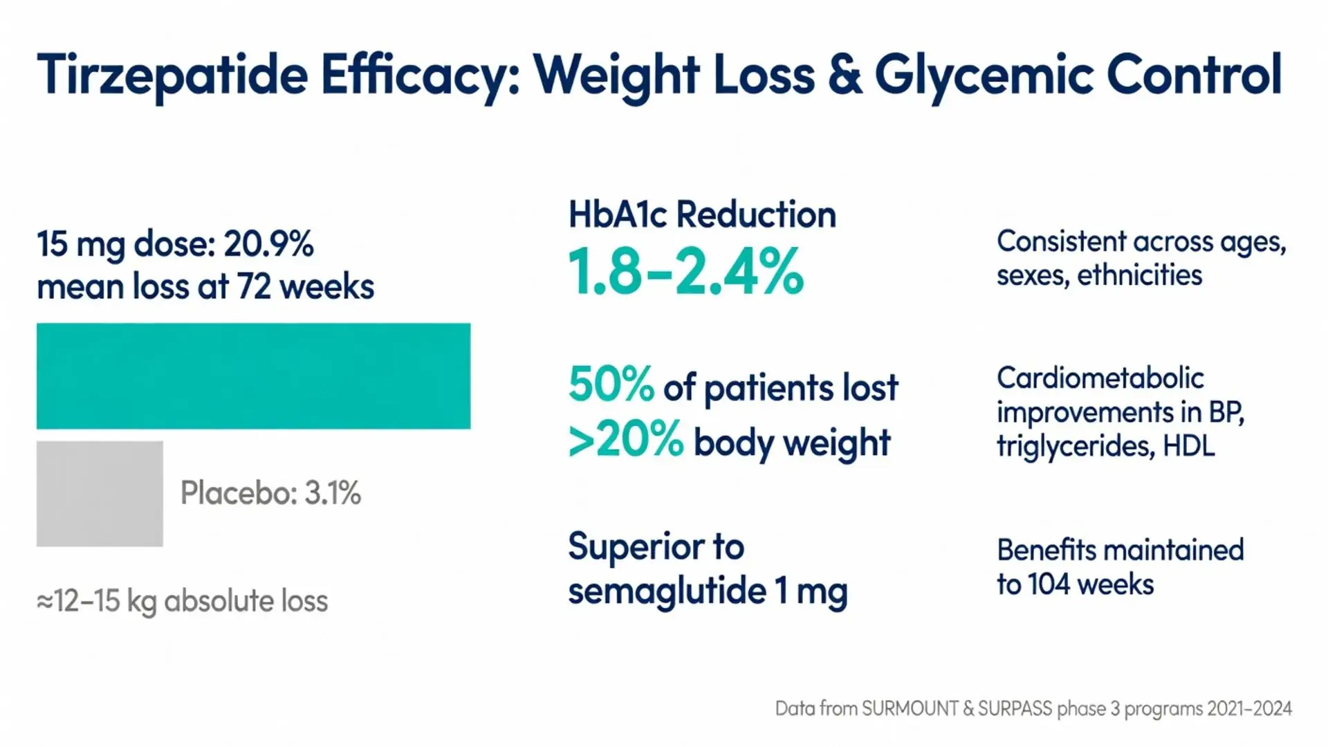 Tirzepatide peptide efficacy chart showing 20.9% mean weight loss at 72 weeks with 15mg dose and 1.8-2.4% HbA1c reduction
