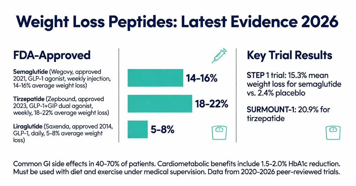 Weight loss peptides latest evidence 2026 infographic comparing FDA-approved Semaglutide, Tirzepatide, and Liraglutide with average weight loss percentages and key clinical trial results
