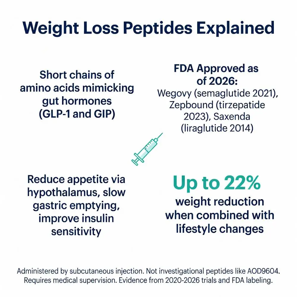 Weight loss peptides explained: GLP-1 and GIP mimetics like Wegovy, Zepbound, and Saxenda for appetite reduction and up to 22% weight loss