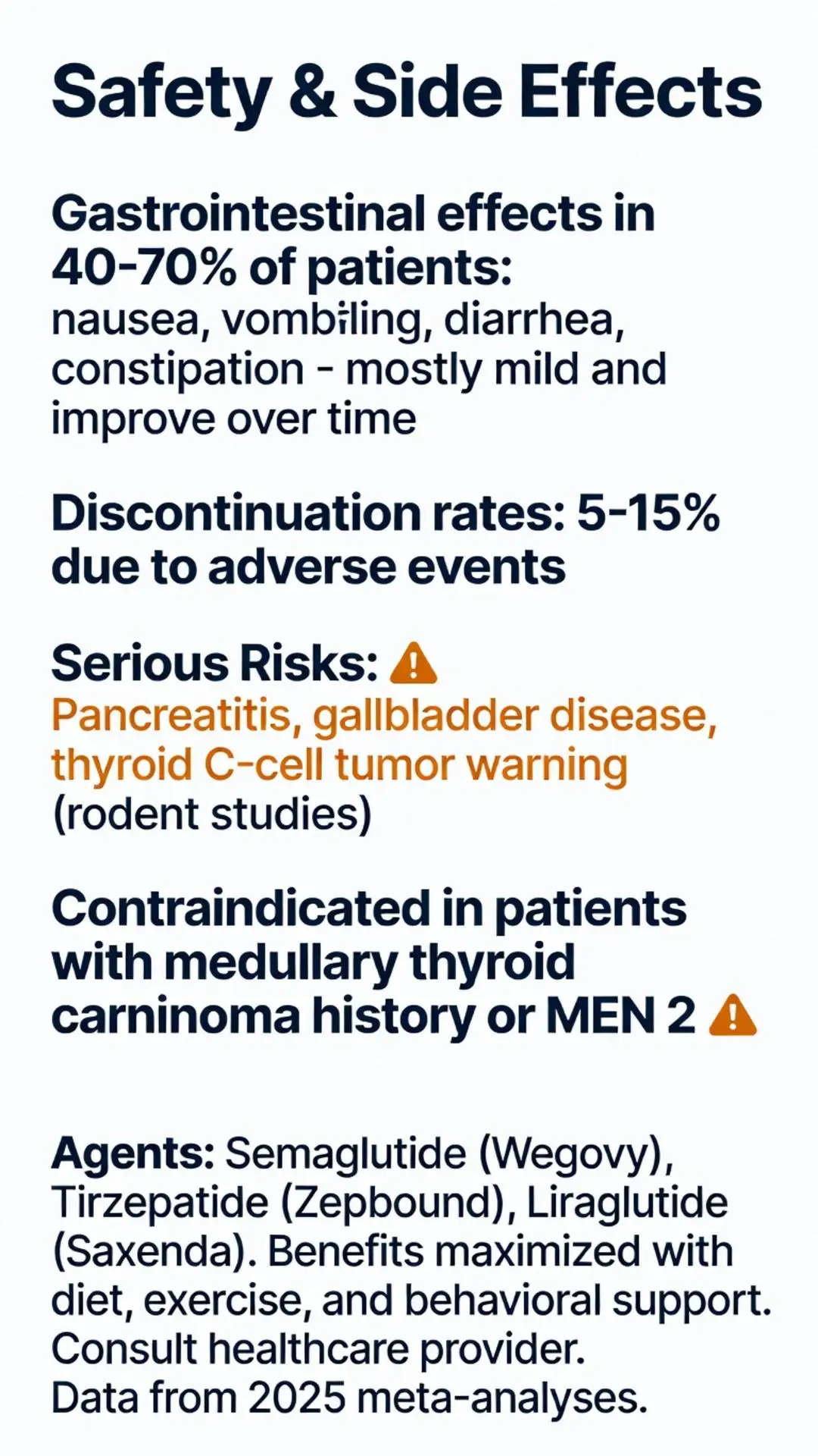 Weight loss peptides safety and side effects infographic showing GI effects, discontinuation rates, serious risks and contraindications for semaglutide Wegovy, tirzepatide Zepbound and liraglutide Saxenda