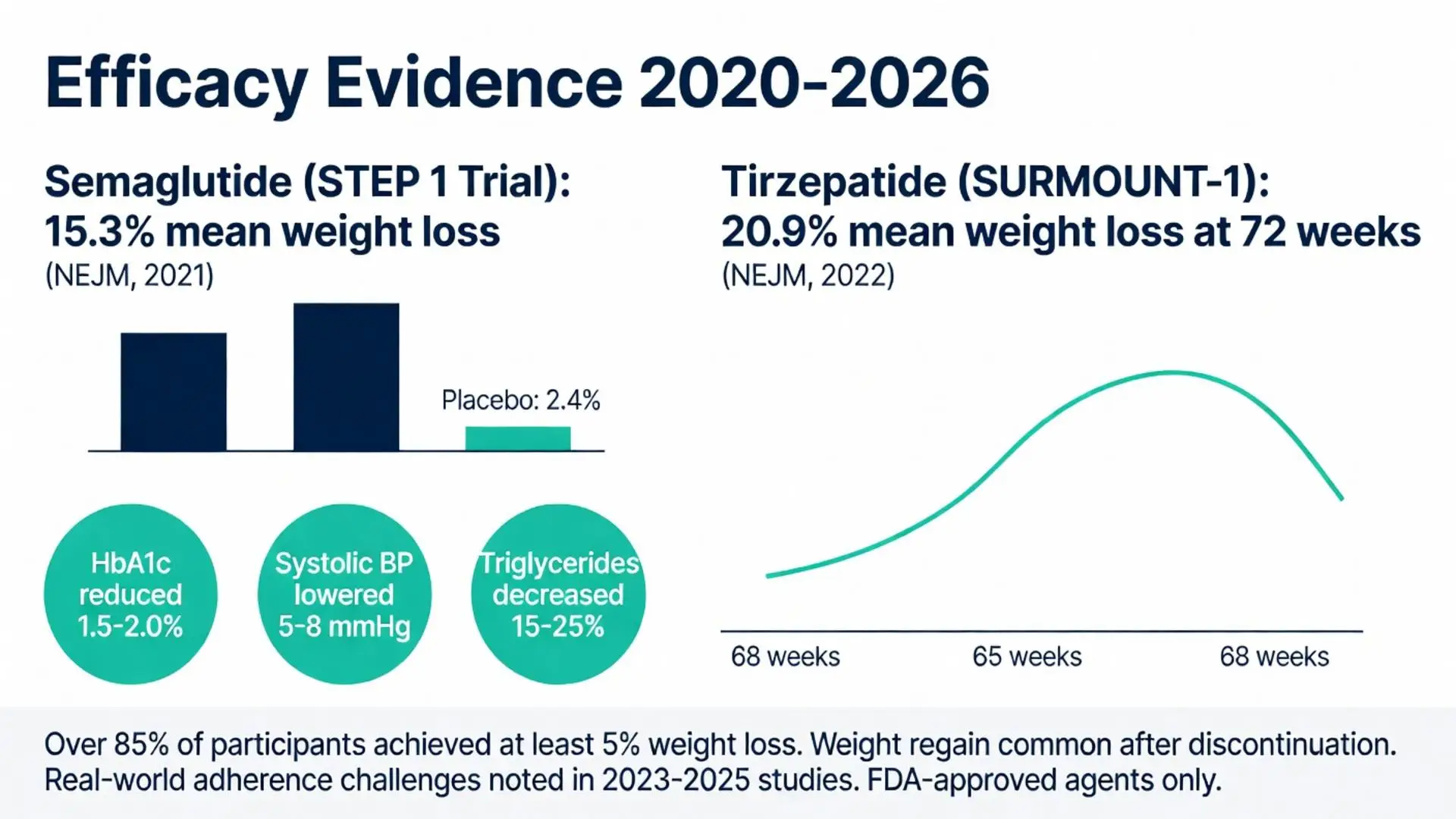 Weight loss peptides efficacy chart comparing Semaglutide 15.3% and Tirzepatide 20.9% mean weight loss results from STEP 1 and SURMOUNT-1 trials