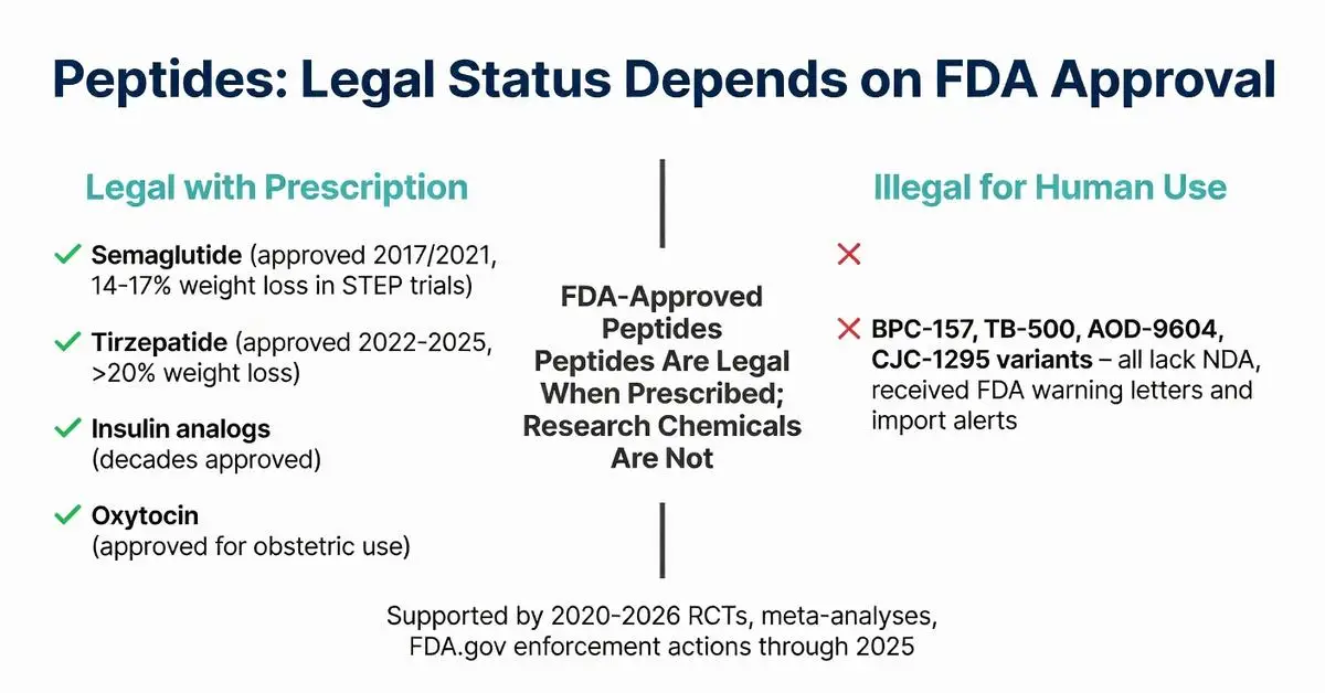 Are peptides legal? Infographic detailing FDA-approved peptides like semaglutide, tirzepatide, insulin analogs and oxytocin are legal with prescription while research chemicals BPC-157, TB-500, AOD-9604 and CJC-1295 are illegal for human use