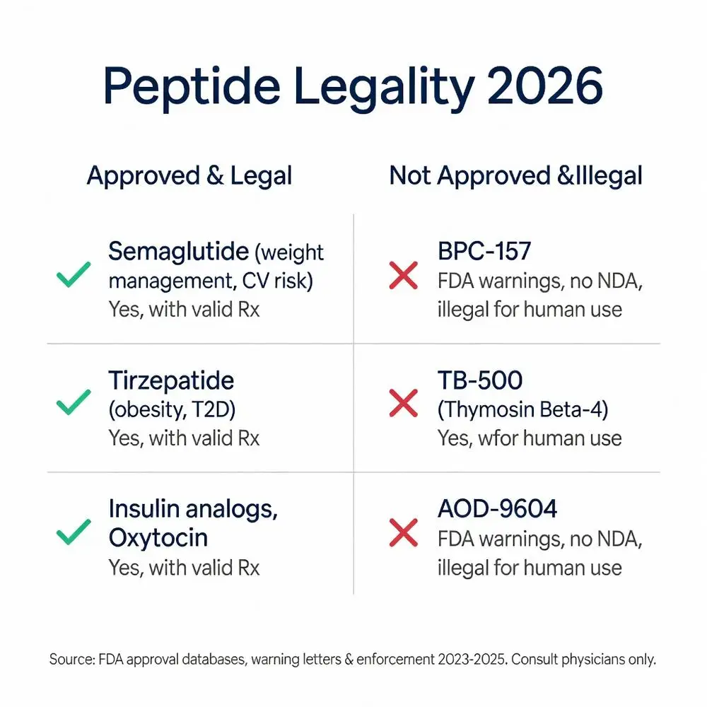 Are peptides legal in 2026? Peptide Legality chart comparing FDA approved legal peptides like Semaglutide, Tirzepatide and Insulin analogs versus illegal ones including BPC-157, TB-500 and AOD-9604