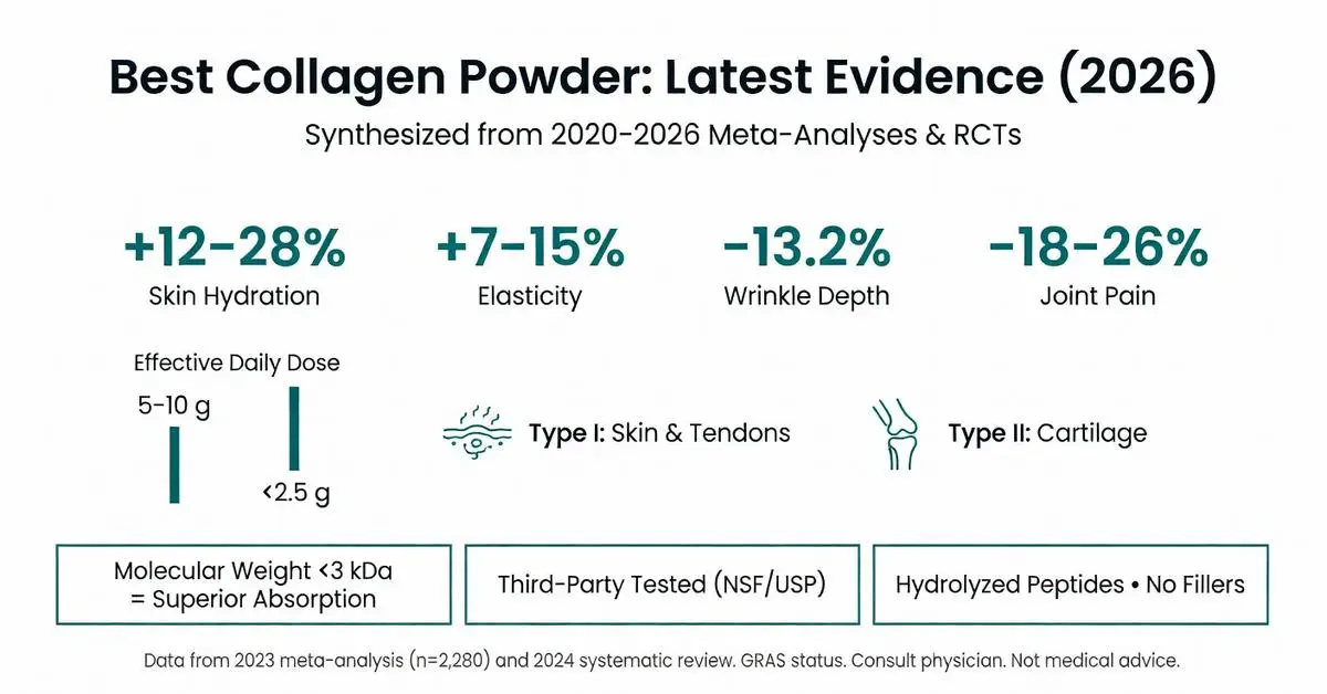 Best collagen powder 2026 evidence infographic showing +12-28% skin hydration, +7-15% elasticity, -13.2% wrinkle depth, -18-26% joint pain relief, effective doses, Type I & II collagen, and quality markers like <3kDa molecular weight