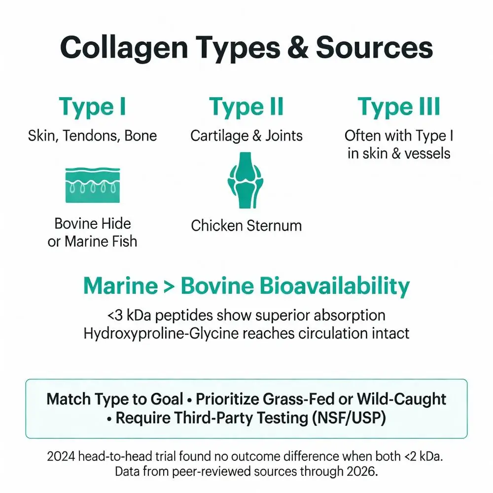 Best collagen powder guide infographic showing Type I, II, and III collagen sources from marine fish, bovine hide, and chicken sternum with marine vs bovine bioavailability comparison, absorption facts, and tips to match type to goal with grass-fed sourcing and third-party testing
