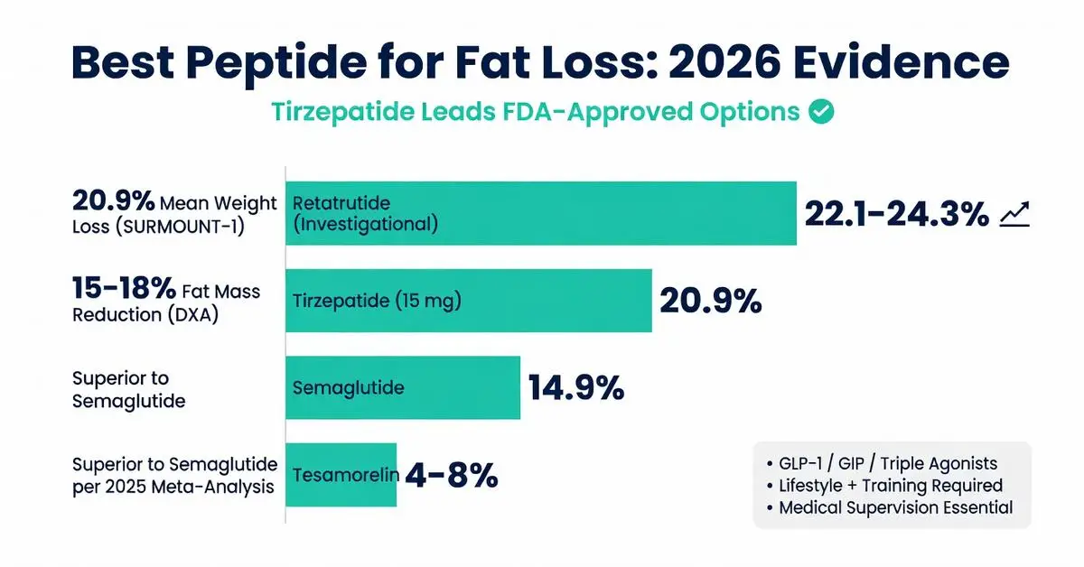 Best peptide for fat loss 2026 evidence chart comparing Tirzepatide, Retatrutide, Semaglutide and Tesamorelin with weight loss and fat mass reduction percentages