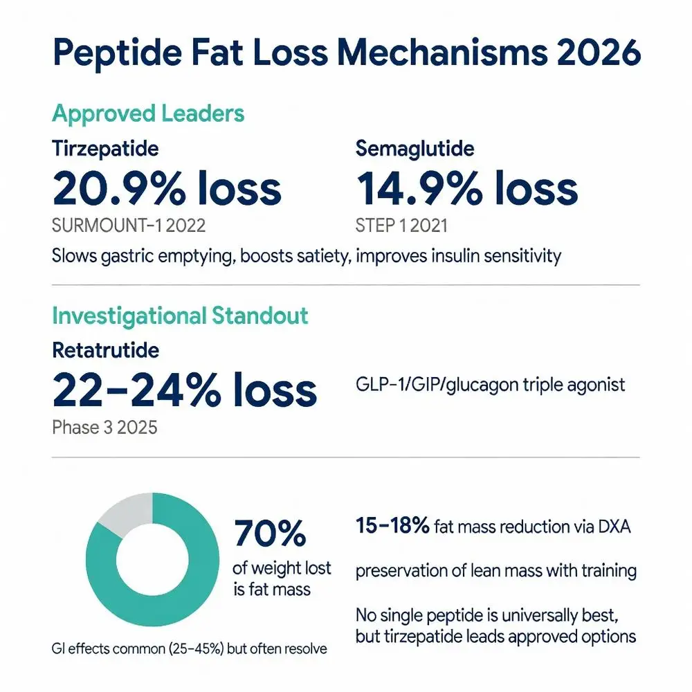 Best peptide for fat loss infographic 2026 comparing Tirzepatide 20.9% weight loss, Semaglutide 14.9%, and Retatrutide 22-24% with GLP-1 mechanisms and fat mass preservation data