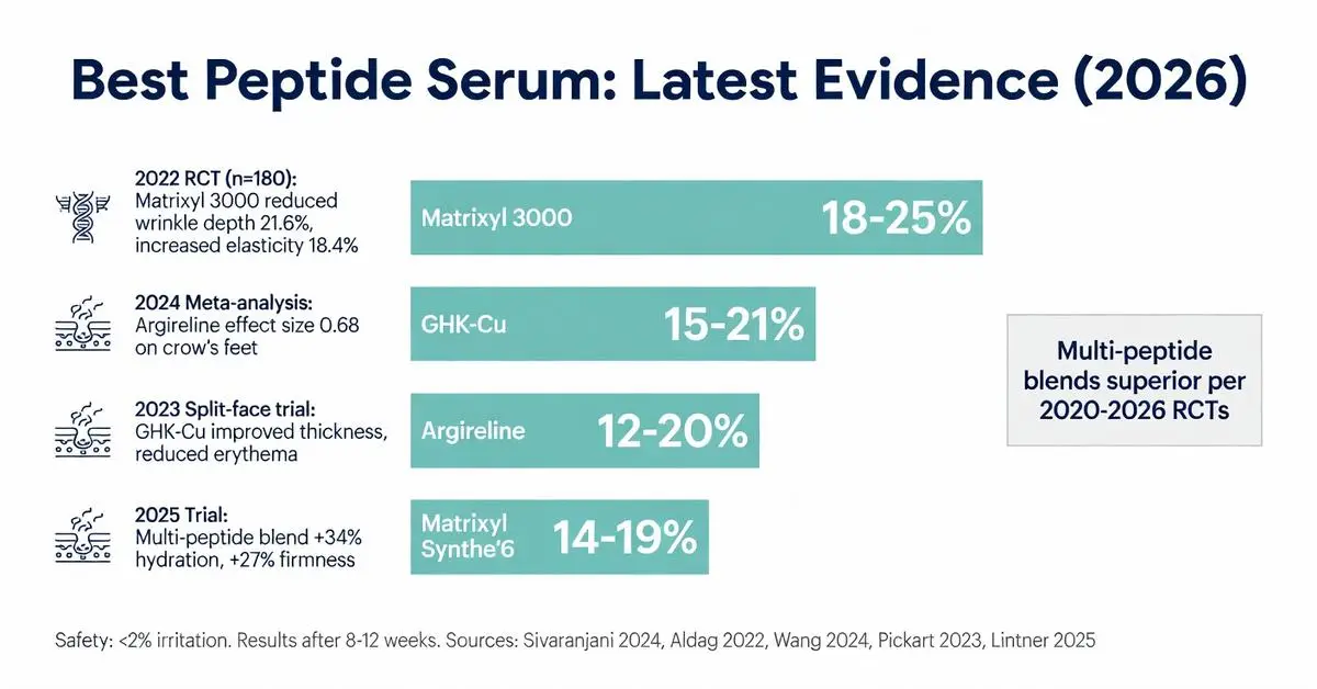 Best peptide serum 2026 clinical evidence chart comparing Matrixyl 3000 (18-25%), GHK-Cu (15-21%), Argireline (12-20%) and Matrixyl Synthe'6 with multi-peptide blend superiority for wrinkle reduction, firmness and hydration