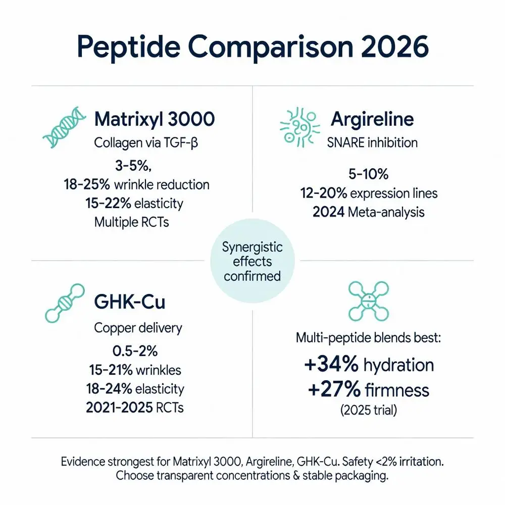 Best peptide serum 2026 comparison chart showing Matrixyl 3000, Argireline, GHK-Cu and multi-peptide blends with clinical percentages for wrinkle reduction, elasticity, hydration, firmness and synergistic effects