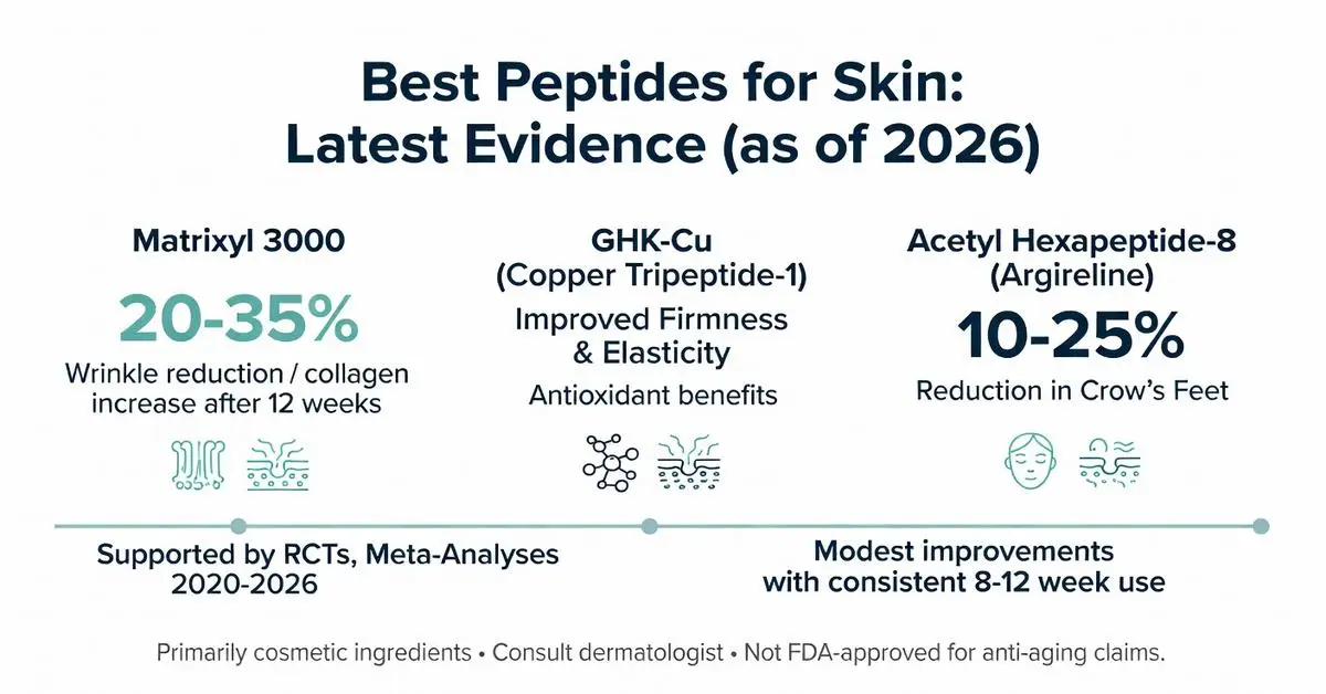 Best peptides for skin infographic 2026: Matrixyl 3000 (20-35% wrinkle reduction), GHK-Cu Copper Tripeptide-1 for firmness and elasticity, Acetyl Hexapeptide-8 Argireline (10-25% crow's feet reduction) with RCT and meta-analysis evidence