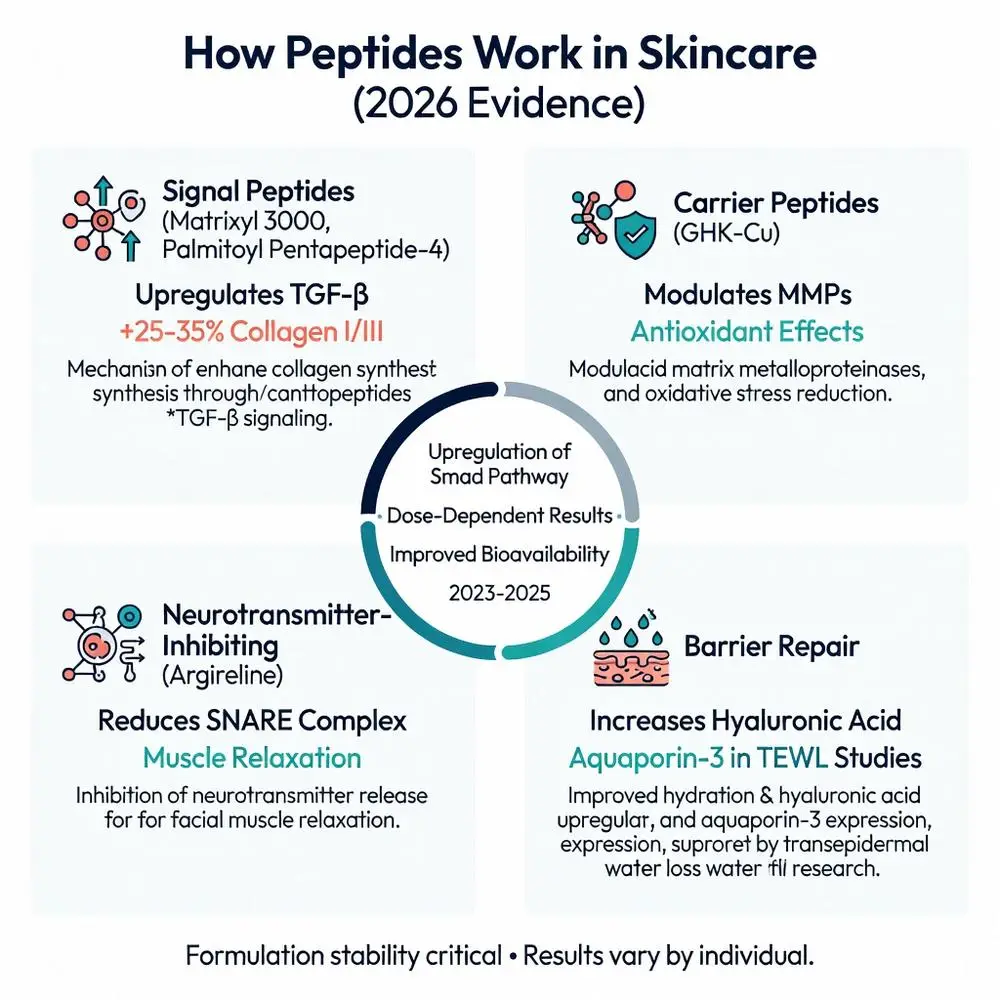 Infographic detailing the best peptides for skin in 2026 including Matrixyl 3000, GHK-Cu, Argireline and more showing collagen boost, wrinkle reduction and barrier repair mechanisms