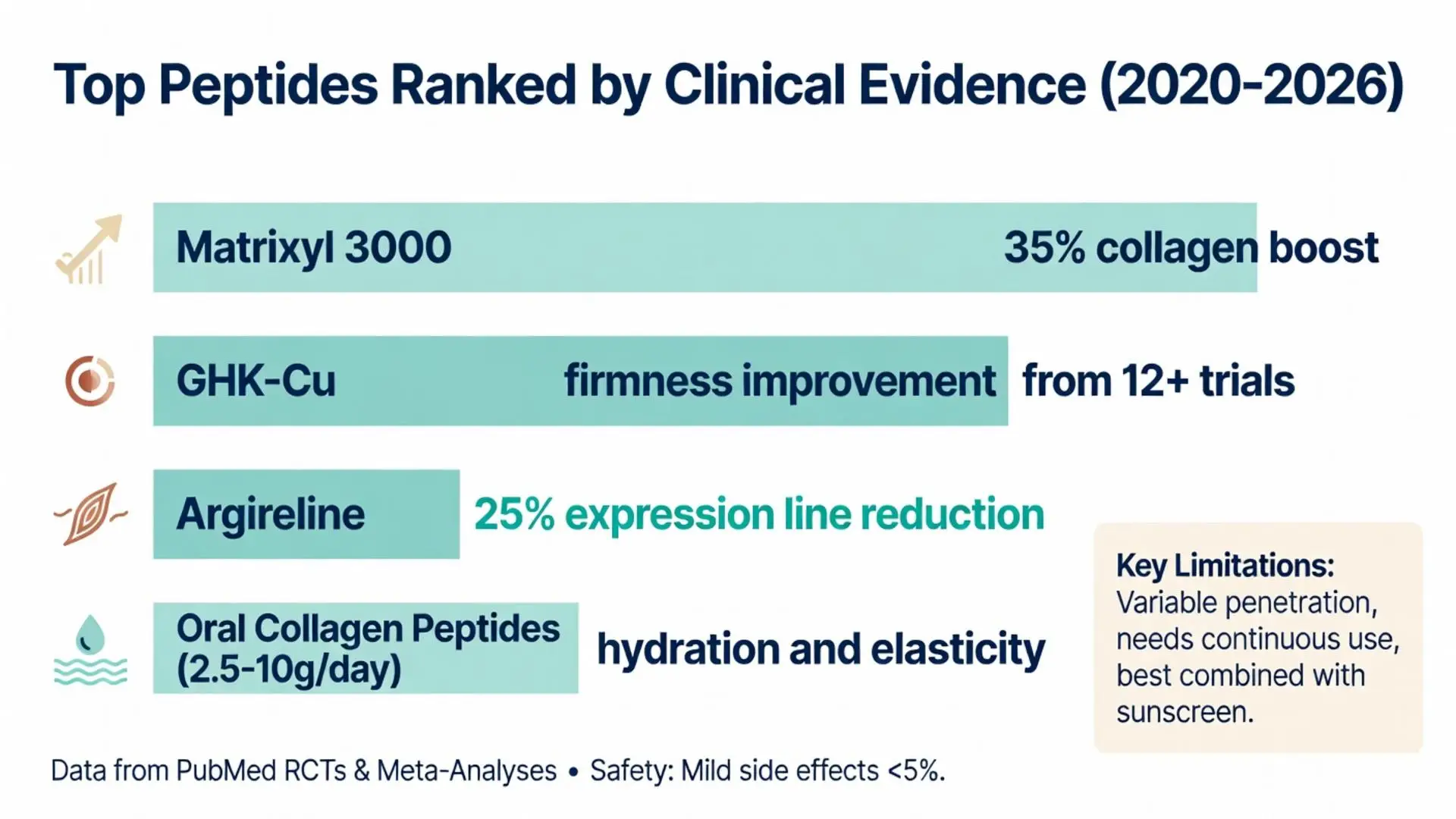 Infographic ranking the best peptides for skin by clinical evidence 2020-2026: Matrixyl 3000 (35% collagen boost), GHK-Cu for firmness from 12+ trials, Argireline (25% expression line reduction), and oral collagen peptides for hydration and elasticity