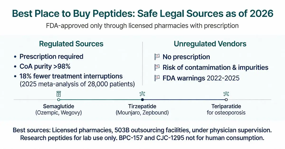 Best place to buy peptides infographic 2026 comparing regulated FDA-approved licensed pharmacies vs unregulated vendors for semaglutide, tirzepatide and teriparatide