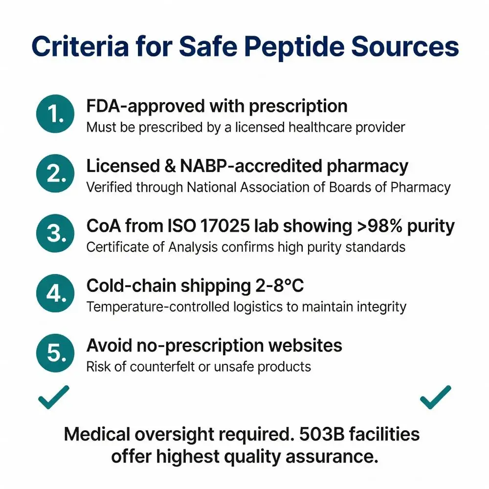 Criteria for the best place to buy peptides safely - FDA-approved, NABP-accredited pharmacies with CoA >98% purity, cold-chain shipping & medical oversight