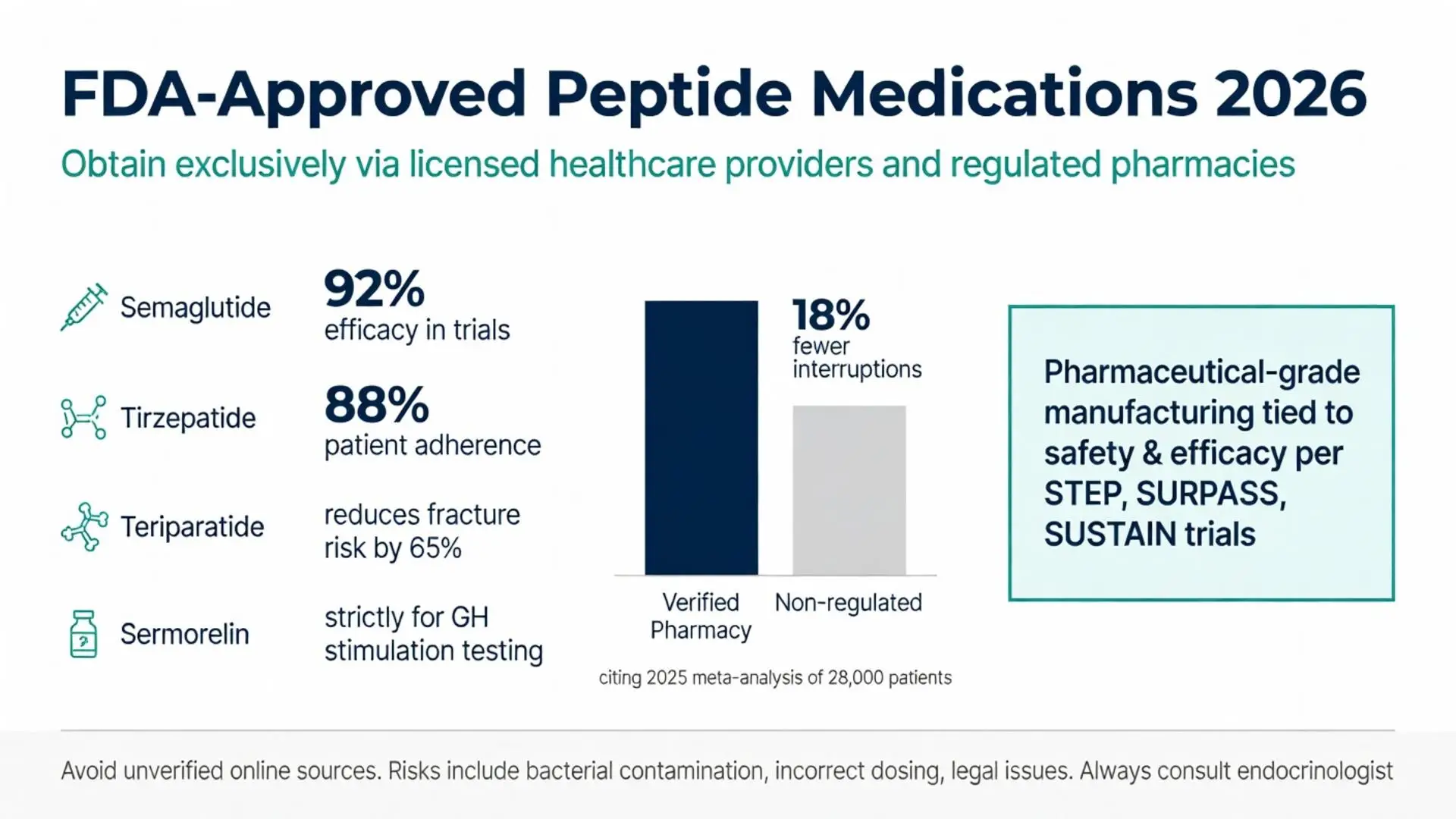 FDA-Approved Peptide Medications 2026 infographic showing semaglutide, tirzepatide, teriparatide and sermorelin stats, highlighting why regulated pharmacies are the best place to buy peptides safely