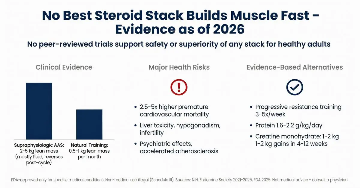 No best steroid stack to build muscle fast: 2026 evidence infographic comparing supraphysiologic AAS (2-5kg mostly fluid) vs natural training (0.5-1kg lean mass/month), major health risks, and proven alternatives like progressive resistance training, high protein, and creatine